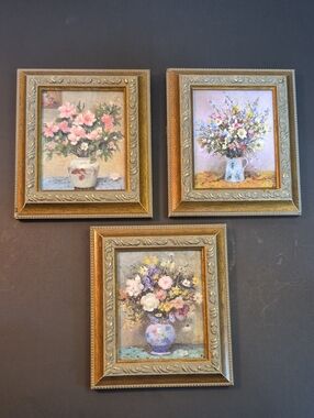 VINTAGE Set of 3 Framed Floral Still Life Wall Art Inspired By Artist Marcel Dyf